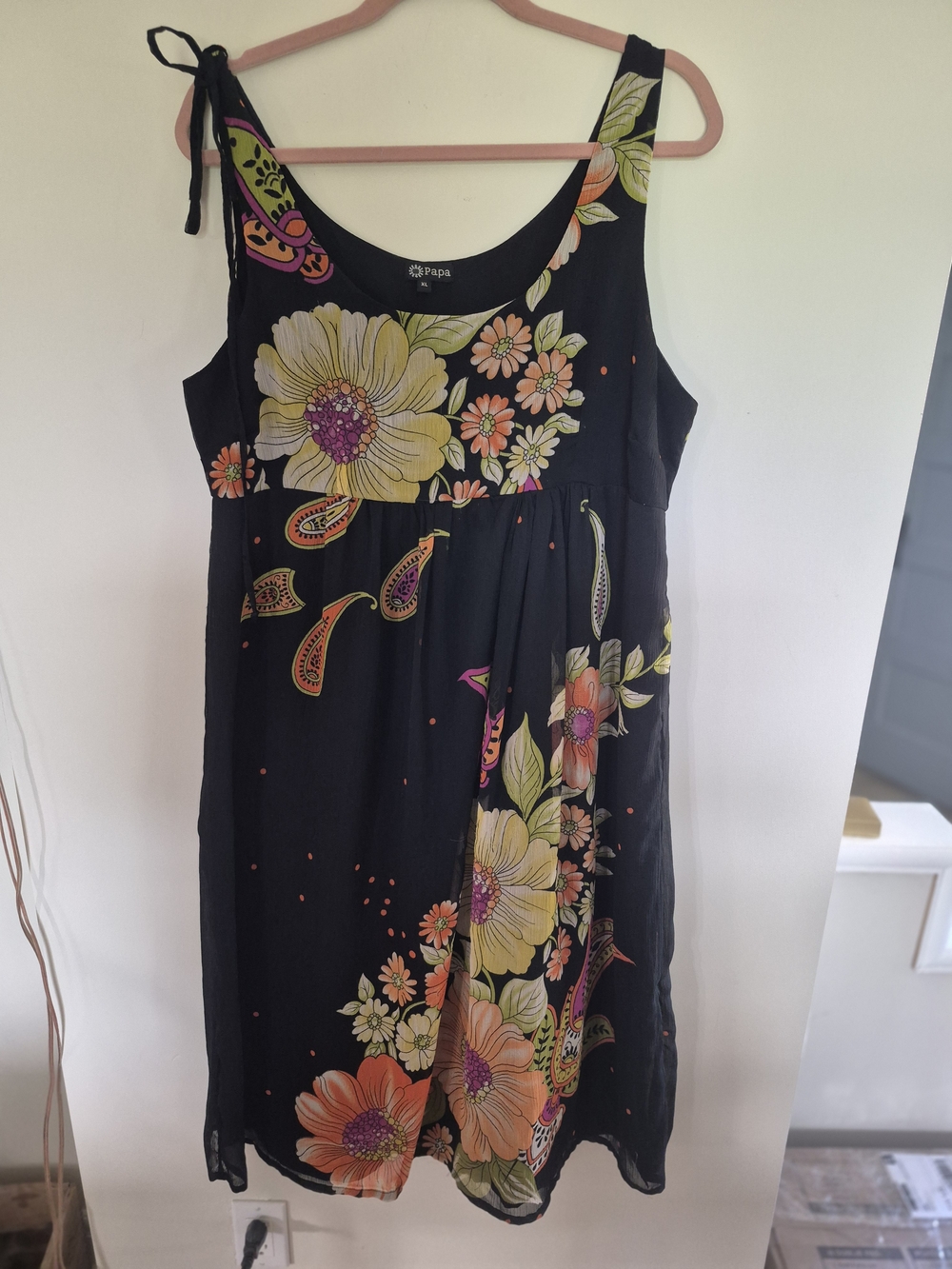 Papa XL Black Floral Boho Sleeveless Dress Tie Shoulder Empire Waist - Picture 2 of 8